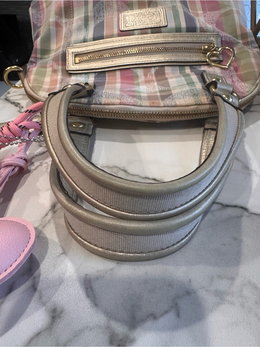 ❌SOLD Coach Multicolor Plaid Dome Satchel + Teddy Charm - Picture 11 of 12